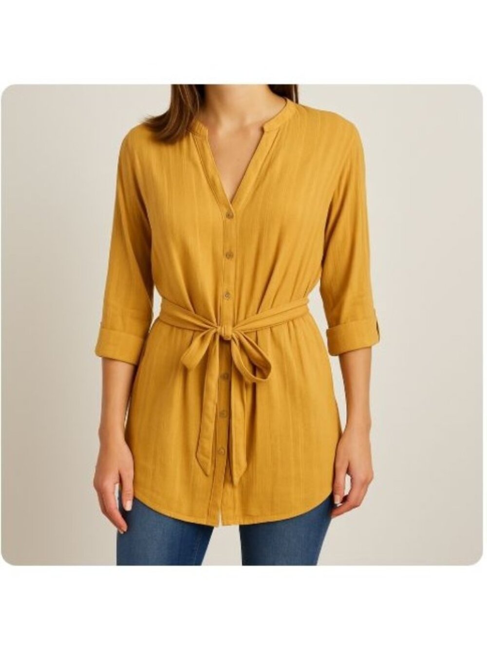 Sundance Tunic Top Sz‎ M Yellow Cotton Adjustable Buttondown Long Sleeve Blouse